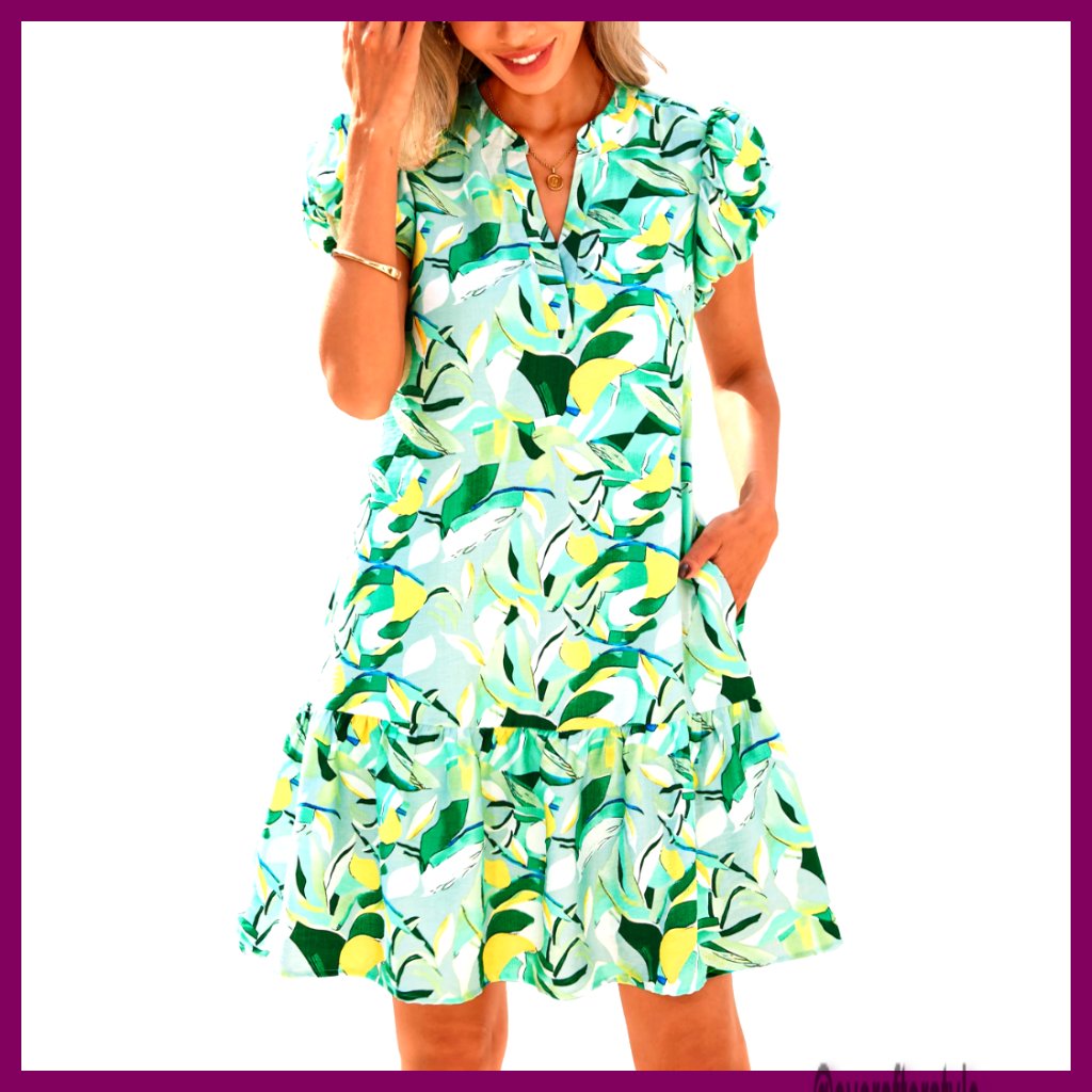 Puffy Sleeve V Neck Floral Print A Line Boho Mini Babydoll Dress With Pockets